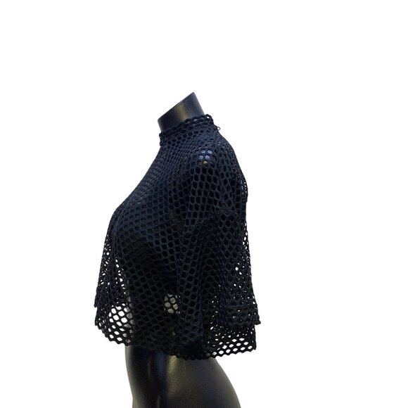 Akris Punto Black Crop Mesh Crochet Short Sleeve Mock Neck Top 6 - Picture 3 of 6